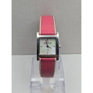 Skagen 528SSLP Women Square Watch Pearl Pink Leather Stainless Steel New Battery